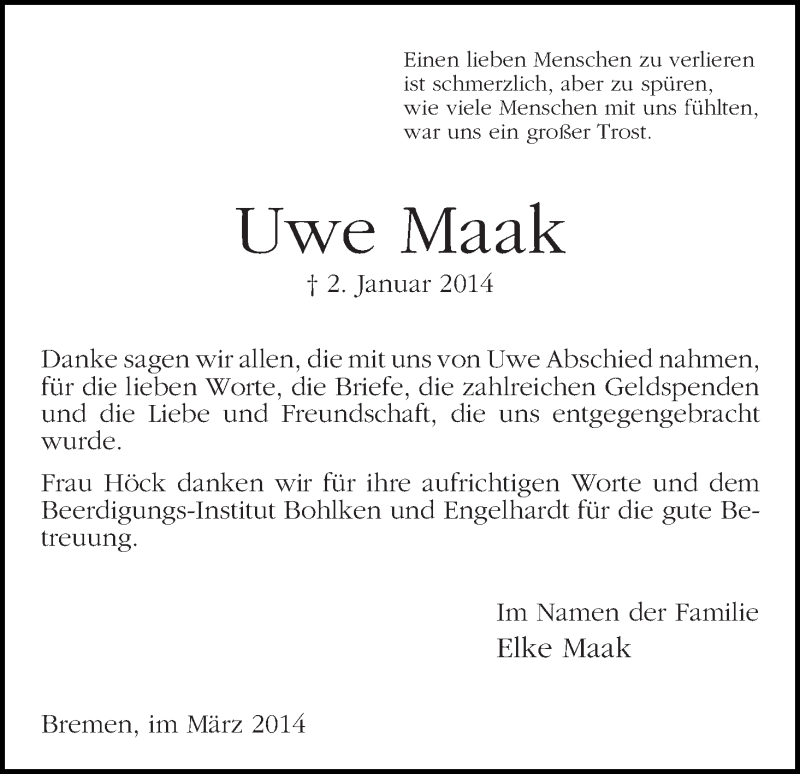 Traueranzeige von Uwe Maak von WESER-KURIER