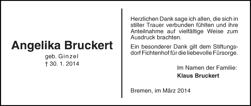 Traueranzeige von Angelika Bruckert von Die Norddeutsche