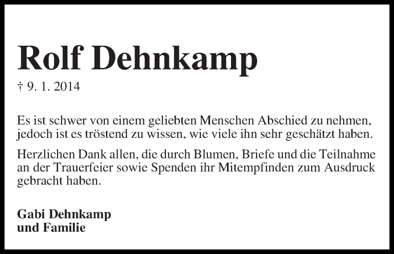 Traueranzeige von Rolf Dehnkamp von WESER-KURIER