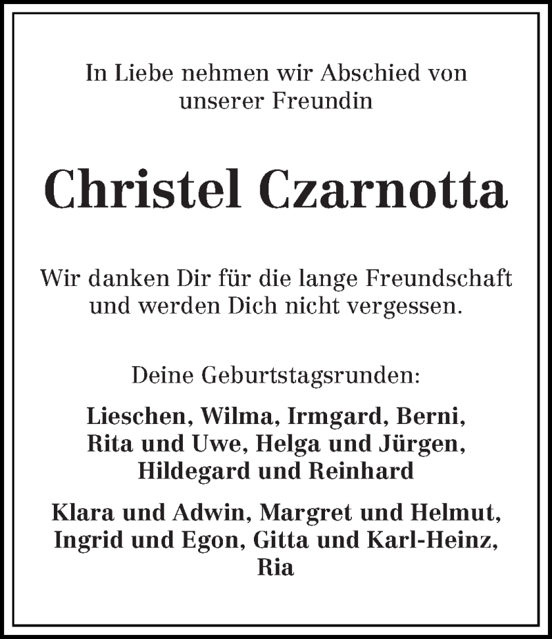Traueranzeige von Christine Czarnotta von WESER-KURIER