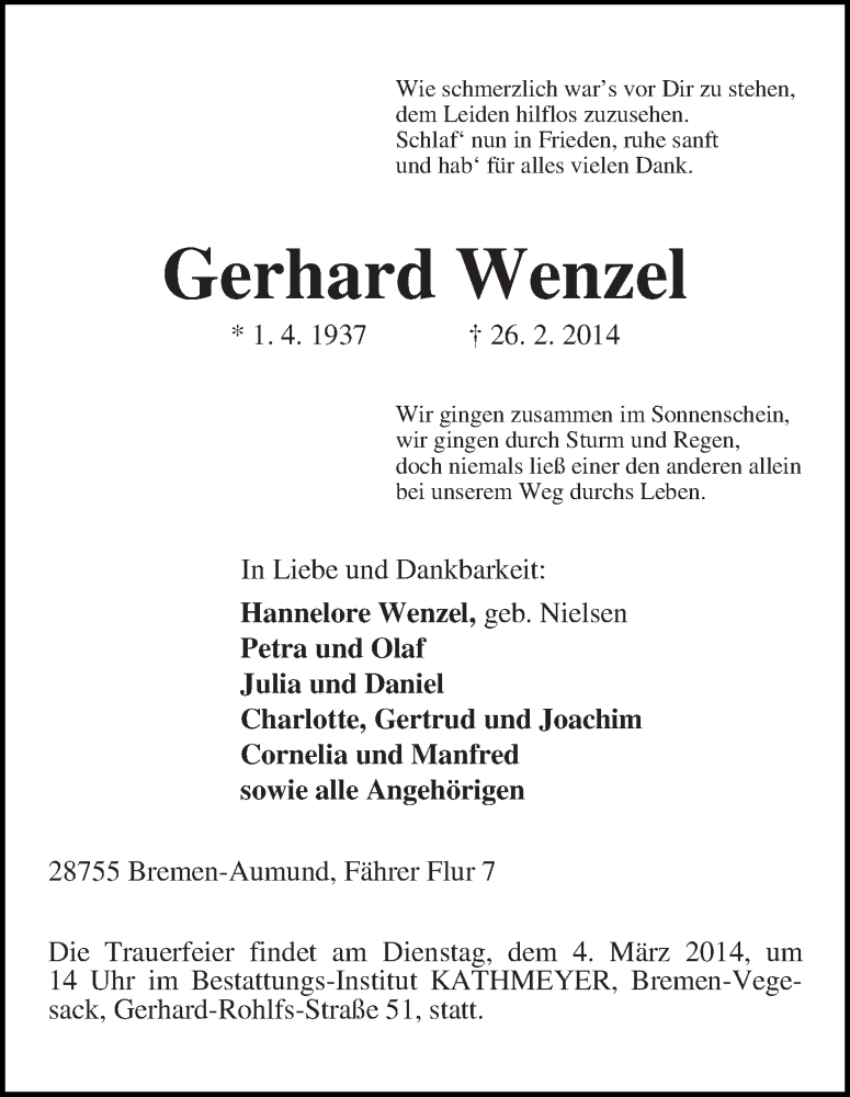 Traueranzeige von Gerhard Wenzel von Die Norddeutsche