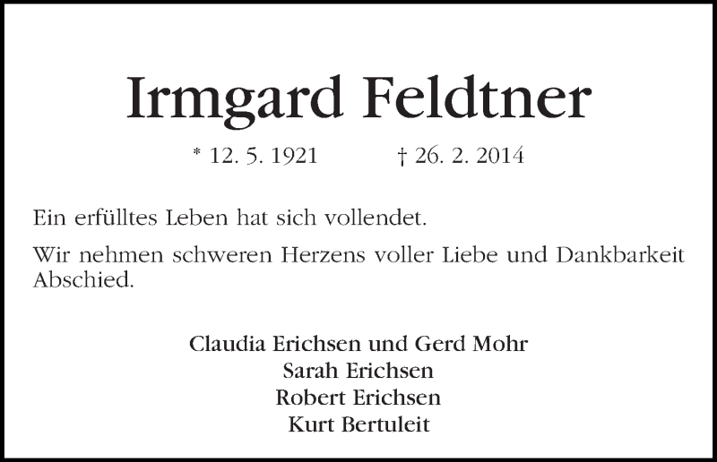 Traueranzeige von Irmgard Feldtner von WESER-KURIER