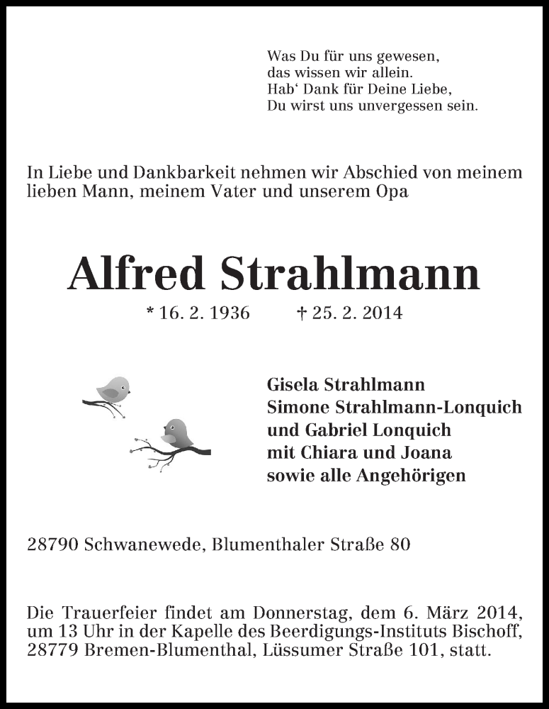 Traueranzeige von Alfred Strahlmann von Die Norddeutsche