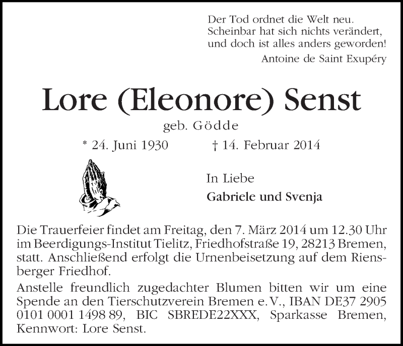 Traueranzeige von Lore Senst von WESER-KURIER