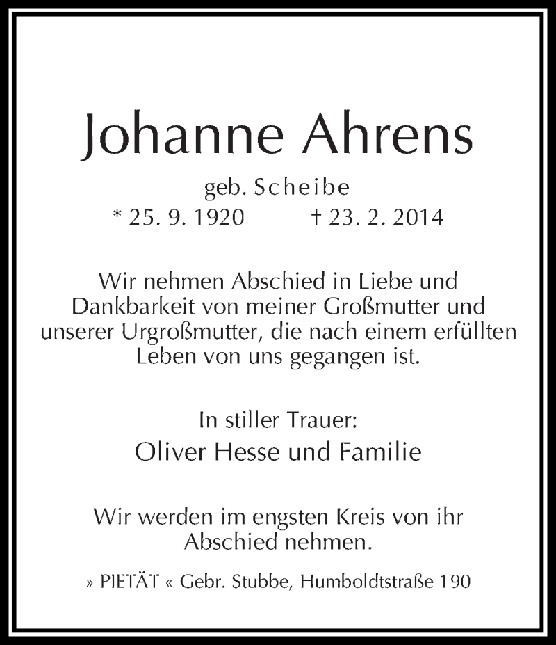 Traueranzeige von Johanne Ahrens von WESER-KURIER