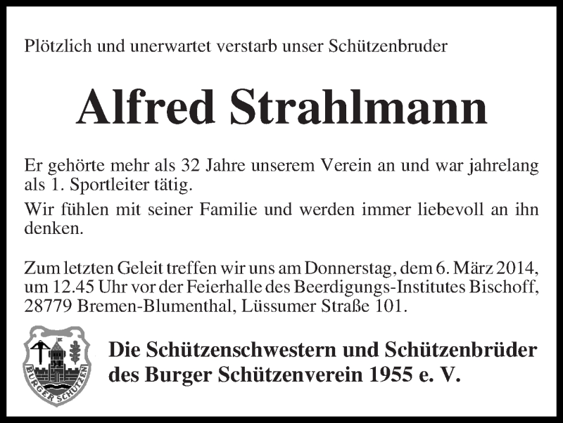 Traueranzeige von Alfred Strahlmann von Die Norddeutsche