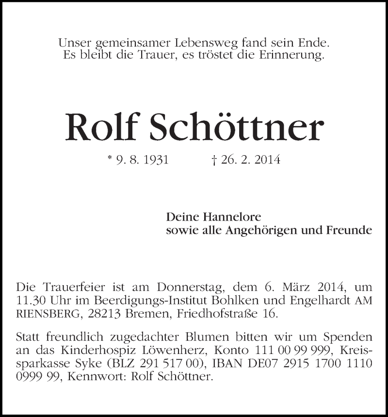 Traueranzeige von Rolf Schöttner von WESER-KURIER