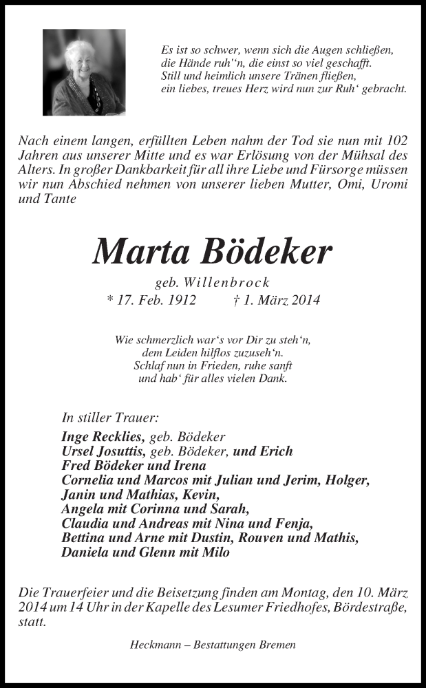 Traueranzeige von Marta Bödeker von Die Norddeutsche
