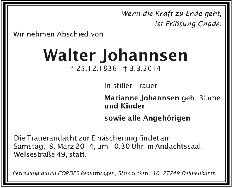 Traueranzeige von Walter Johannsen von WESER-KURIER