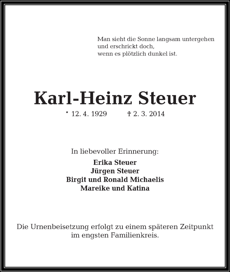 Traueranzeige von Karl-Heinz Steuer von Die Norddeutsche