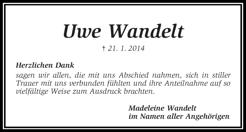 Traueranzeige von Uwe Wandelt von WESER-KURIER