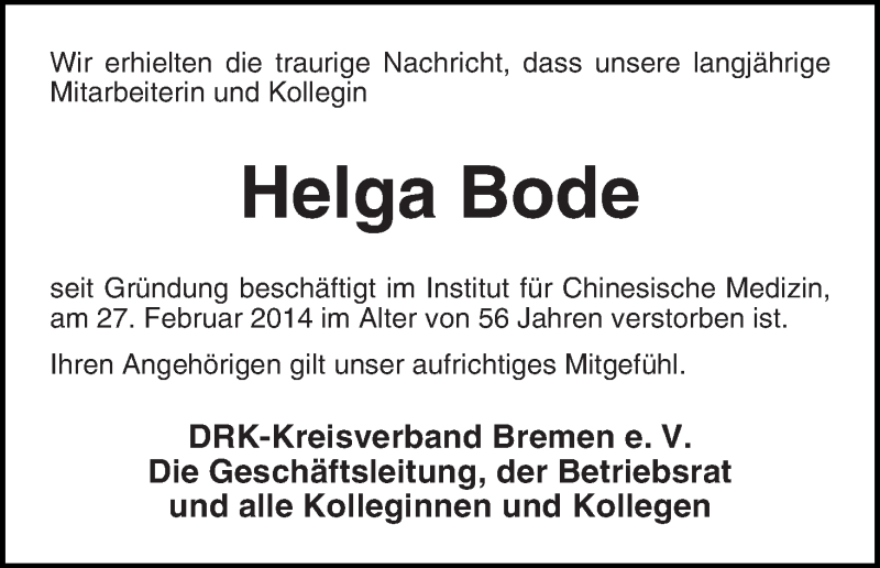 Traueranzeige von Helga Bode von WESER-KURIER
