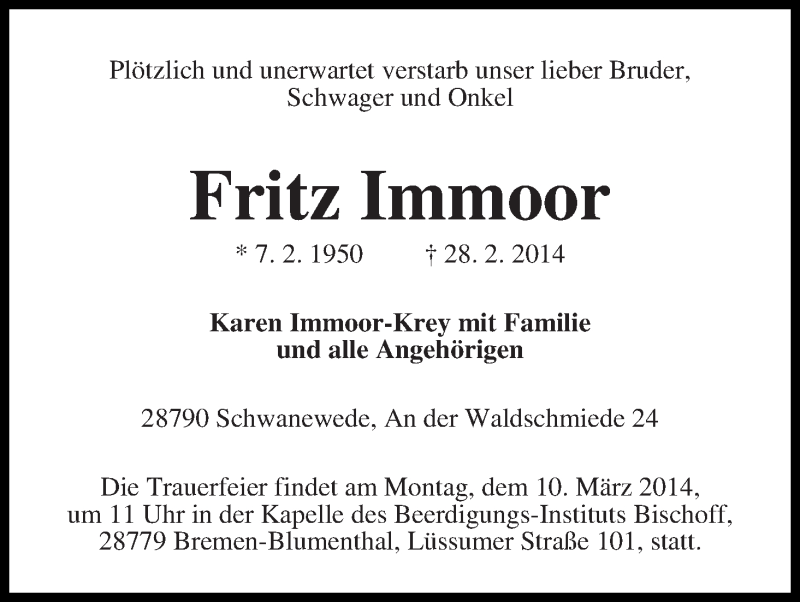 Traueranzeige von Fritz Immoor von Die Norddeutsche