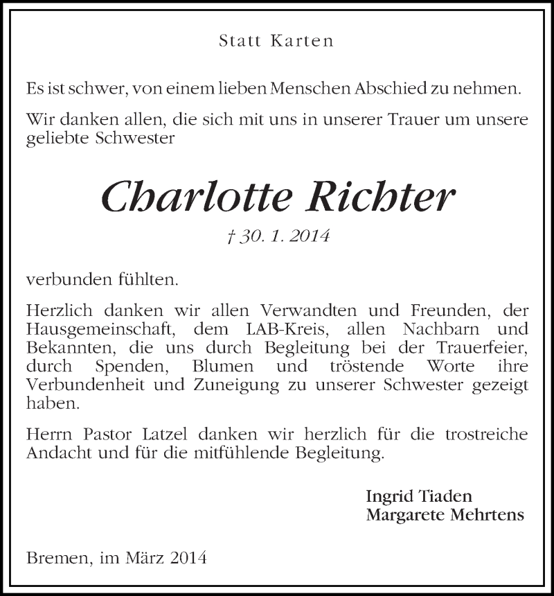 Traueranzeige von Charlotte Richter von WESER-KURIER