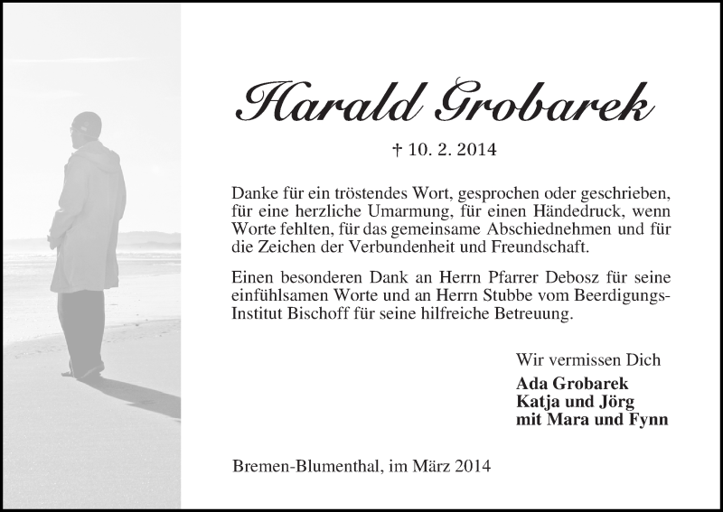 Traueranzeige von Harald Grobarek von Die Norddeutsche