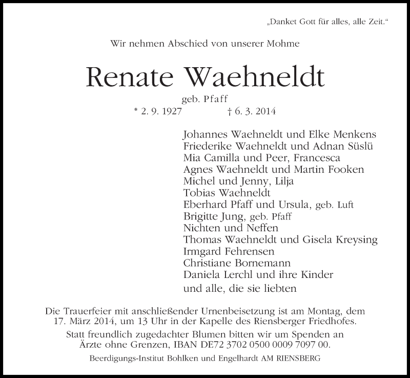 Traueranzeige von Renate Waehneldt von WESER-KURIER