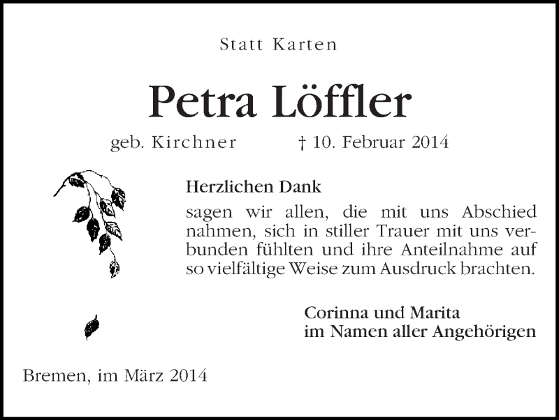 Traueranzeige von Petra Löffler von WESER-KURIER