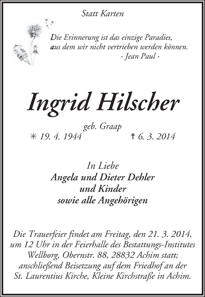 Traueranzeige von Ingrid Hilscher von WESER-KURIER