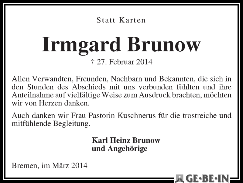 Traueranzeige von Irmgard Brunow von WESER-KURIER