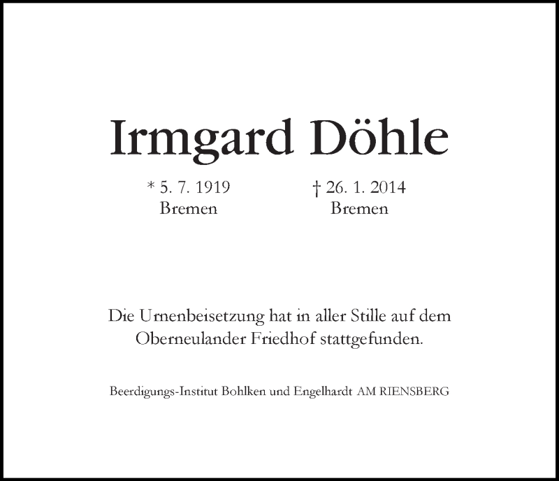 Traueranzeige von Irmgard Döhle von WESER-KURIER
