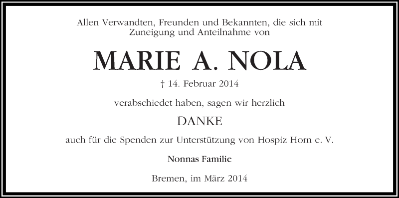 Traueranzeige von Marie A. Nola von WESER-KURIER
