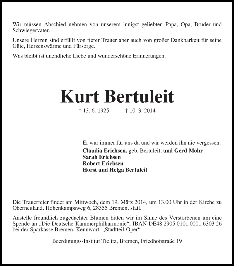 Traueranzeige von Kurt Bertuleit von WESER-KURIER