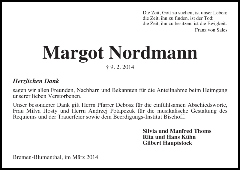Traueranzeige von Margot Nordmann von Die Norddeutsche