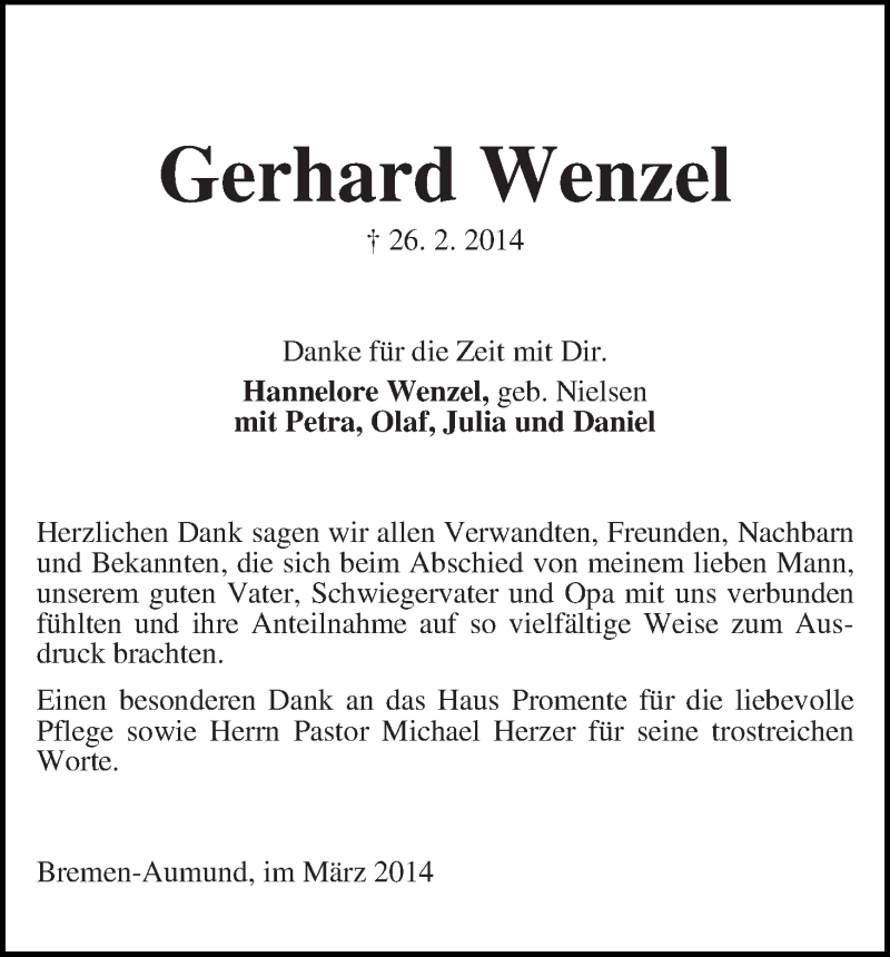 Traueranzeige von Gerhard Wenzel von Die Norddeutsche