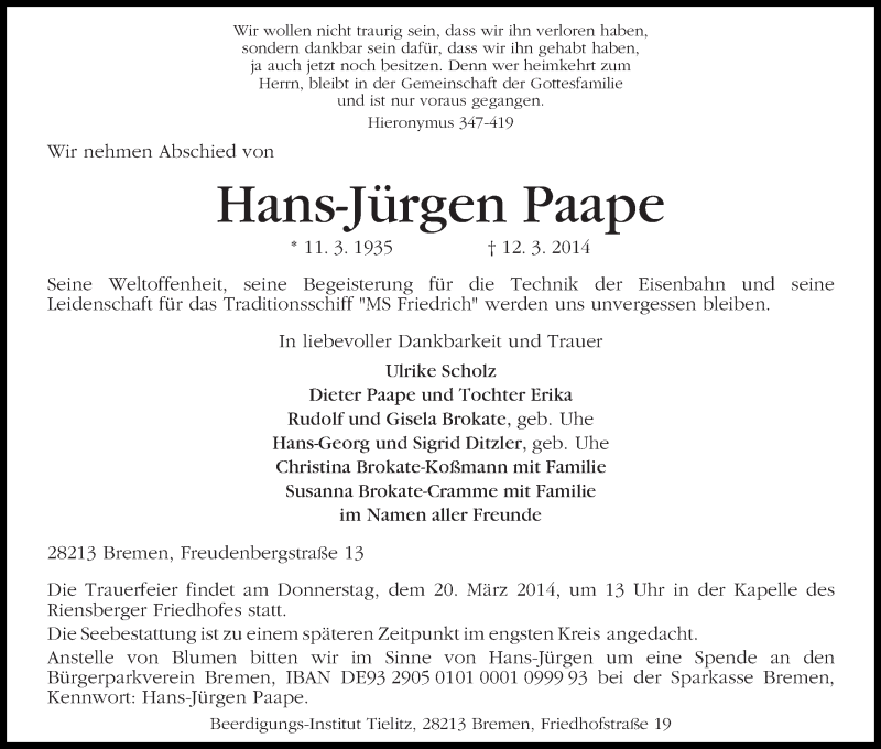 Traueranzeige von Hans-Jürgen Paape von WESER-KURIER