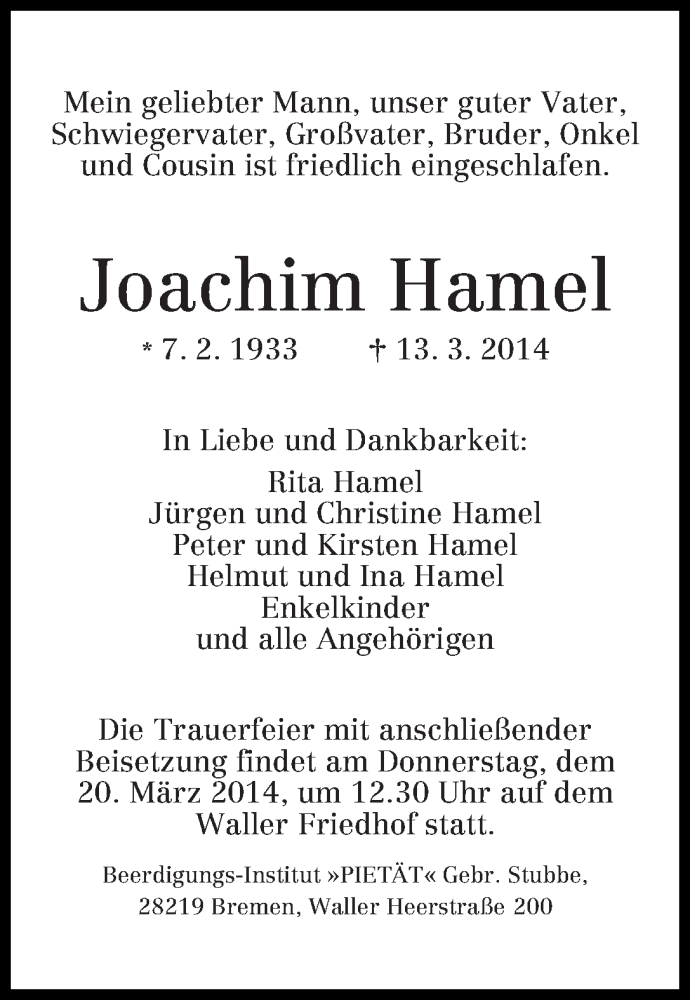 Traueranzeige von Joachim Hamel von WESER-KURIER