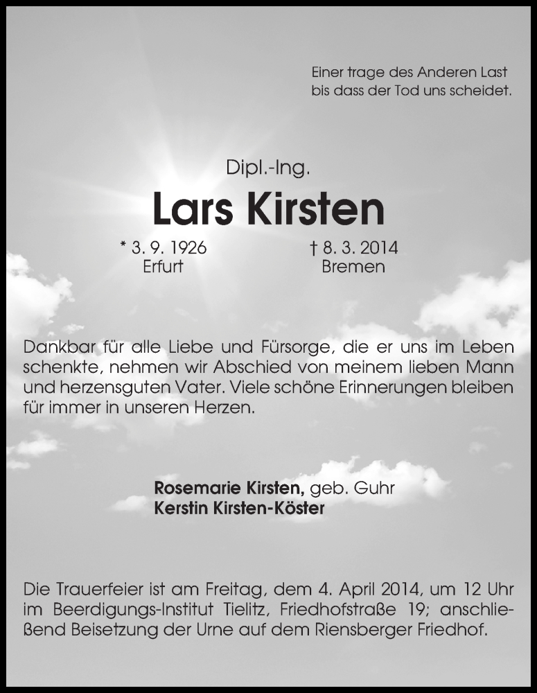 Traueranzeige von Lars Kirsten von WESER-KURIER