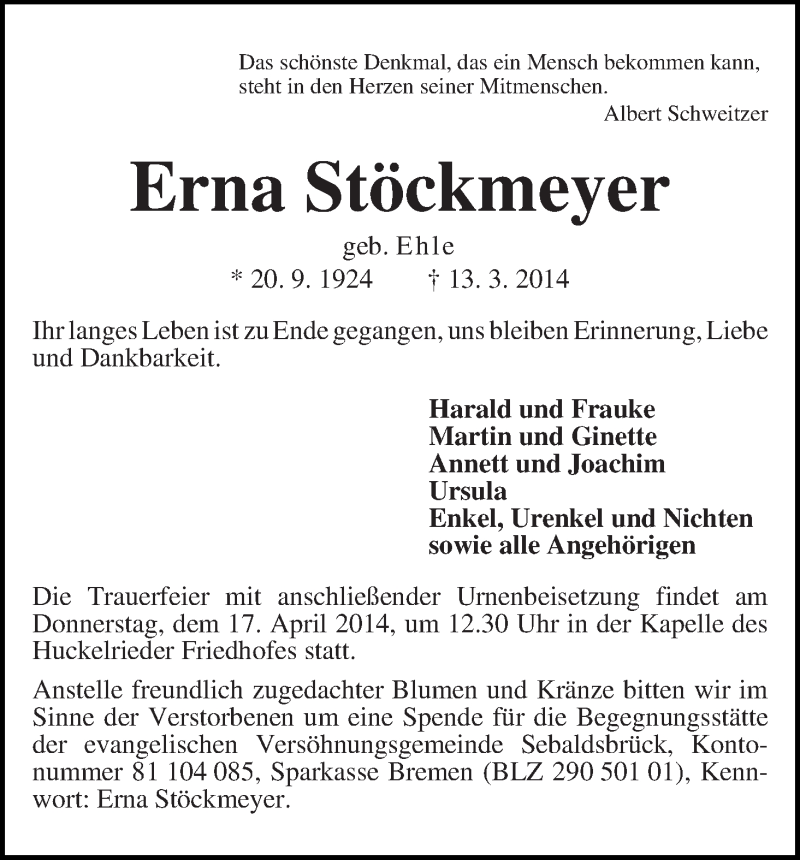 Traueranzeige von Erna Stöckmeyer von WESER-KURIER