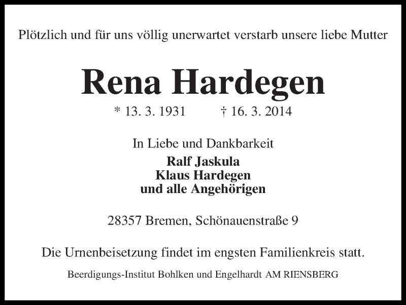 Traueranzeige von Rena Hardegen von WESER-KURIER