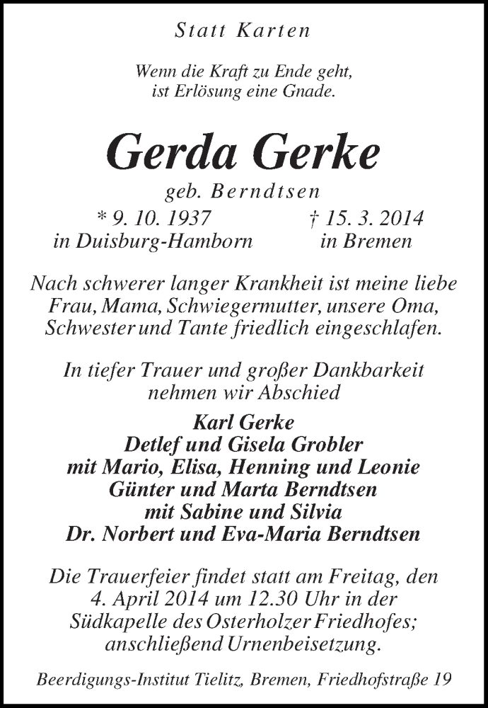 Traueranzeige von Gerda Gerke von WESER-KURIER