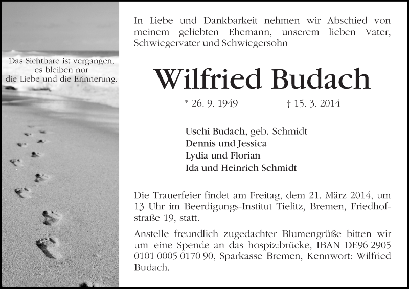 Traueranzeige von Wilfried Budach von WESER-KURIER