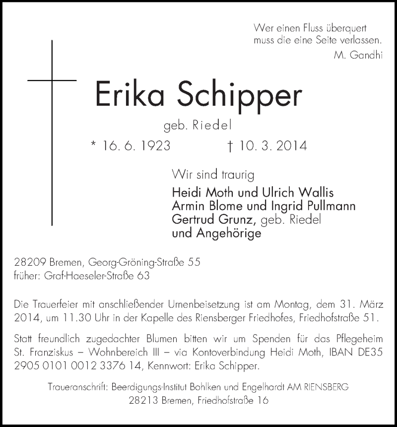 Traueranzeige von Erika Schipper von WESER-KURIER