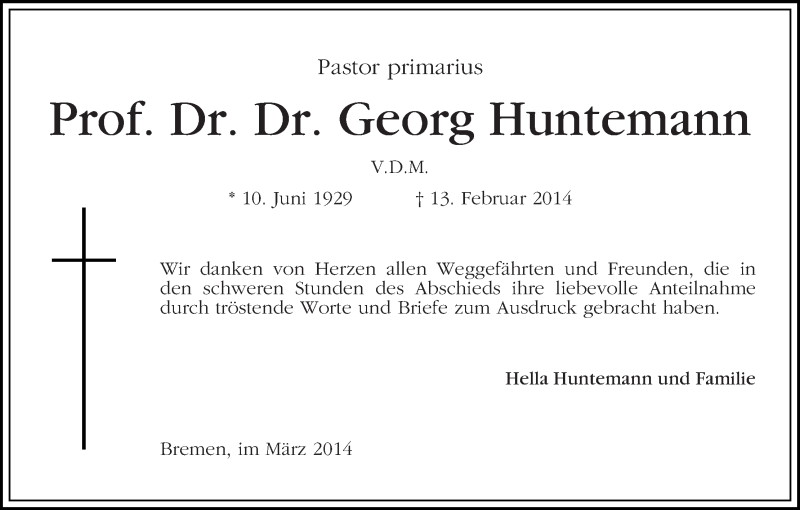 Traueranzeige von Georg Huntemann von WESER-KURIER