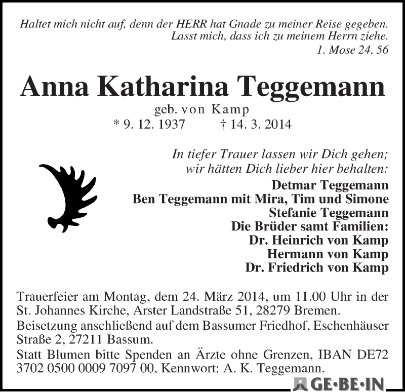 Traueranzeige von Anna Katharina Teggemann von WESER-KURIER