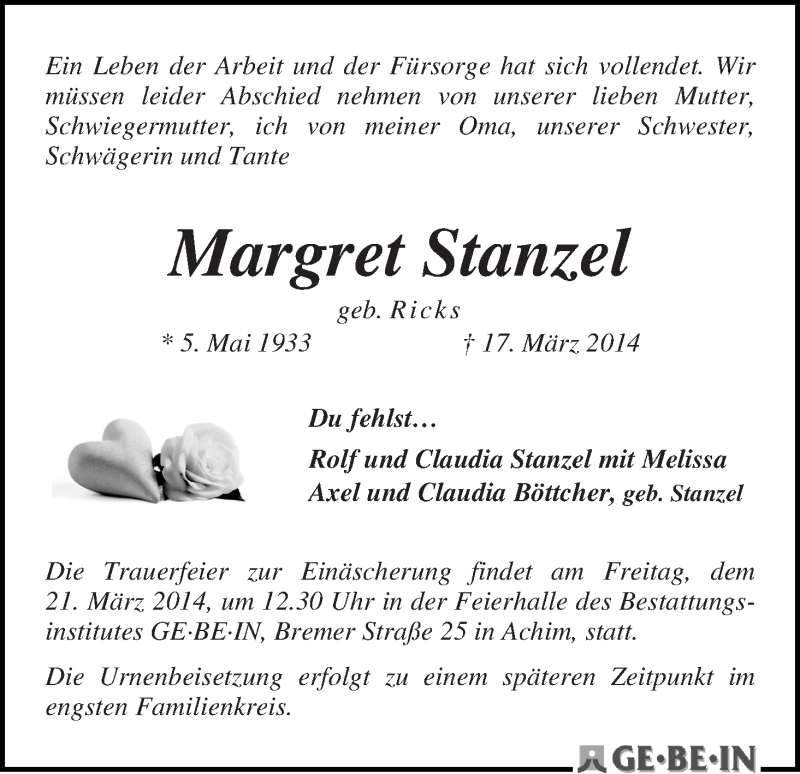 Traueranzeige von Margret Stanzel von WESER-KURIER