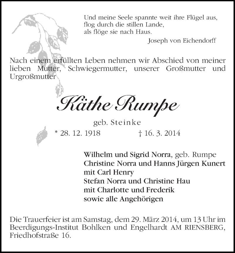 Traueranzeige von Käthe Rumpe von WESER-KURIER