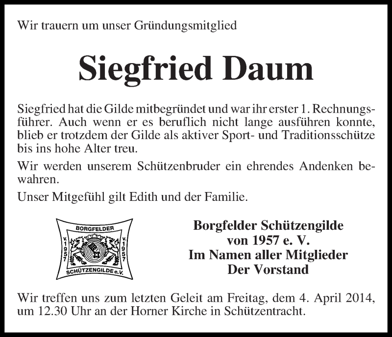 Traueranzeige von Siegfried Daum von Wuemme Zeitung