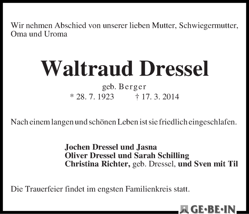 Traueranzeige von Waltraud Dressel von WESER-KURIER