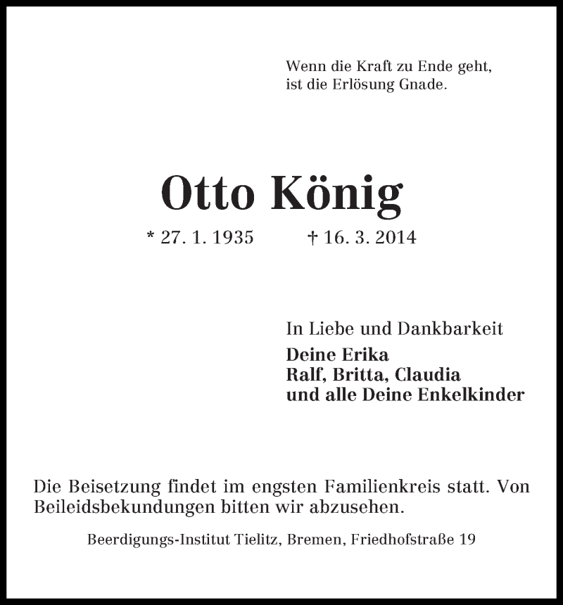 Traueranzeige von Otto König von WESER-KURIER