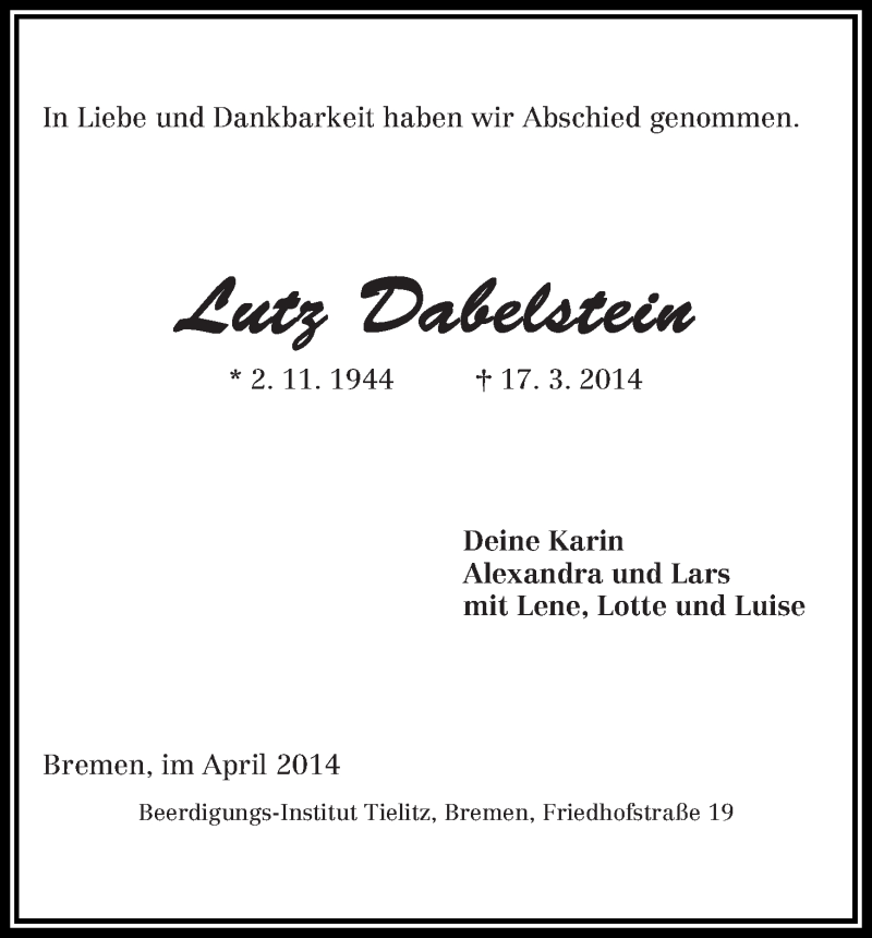 Traueranzeige von Lutz Dabelstein von WESER-KURIER