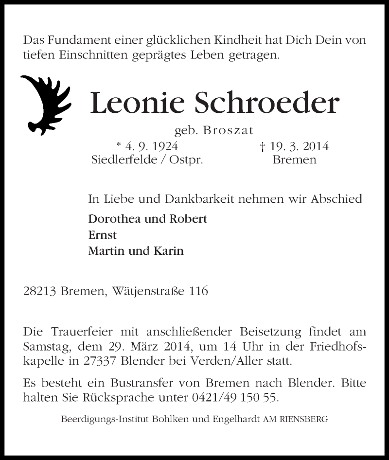 Traueranzeige von Leonie Schroeder von WESER-KURIER