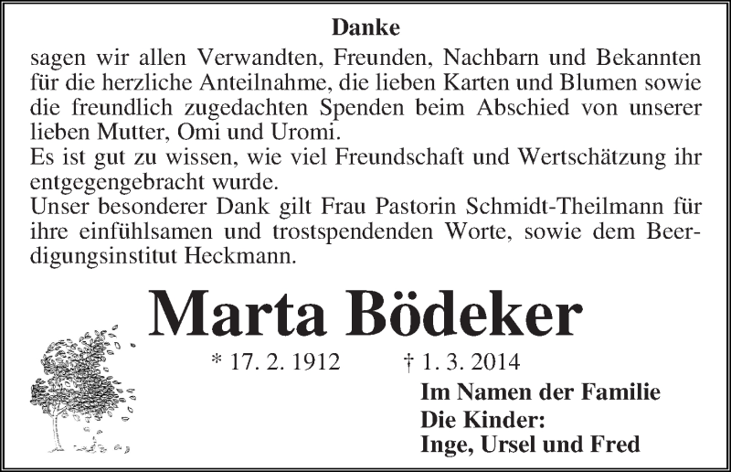 Traueranzeige von Marta Bödeker von Die Norddeutsche