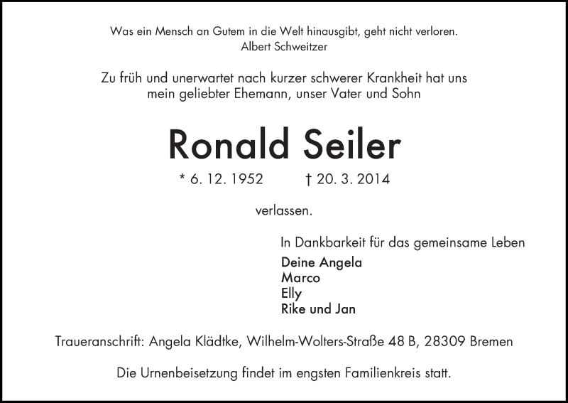 Traueranzeige von Ronald Seiler von WESER-KURIER