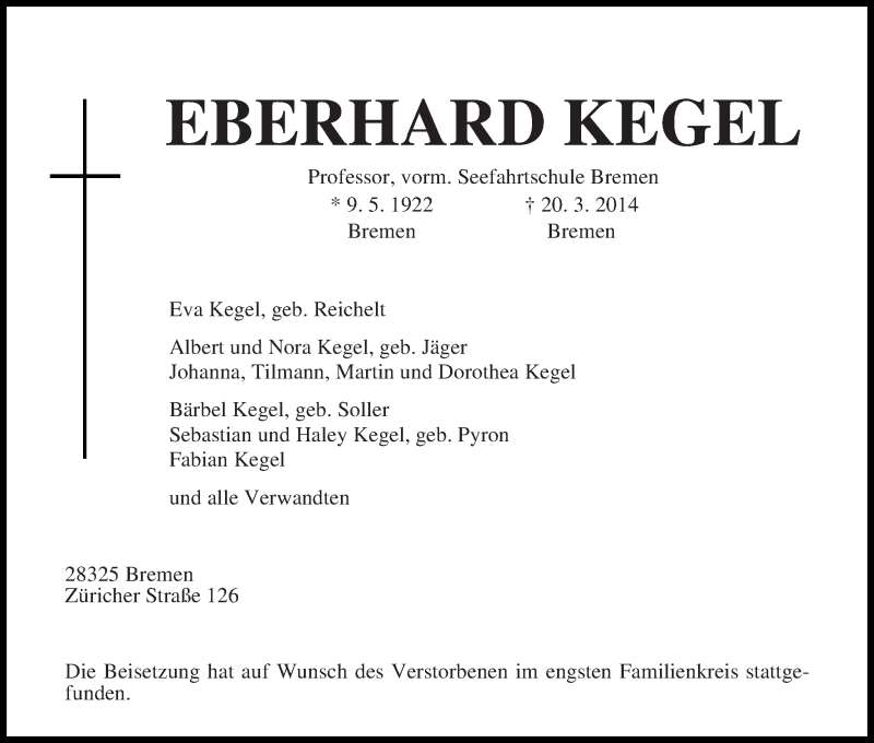 Traueranzeige von Eberhard Kegel von WESER-KURIER