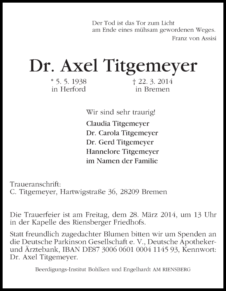 Traueranzeige von Axel Titgemeyer von WESER-KURIER
