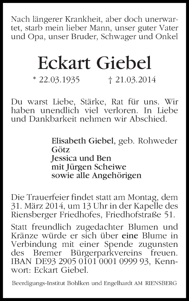 Traueranzeige von Eckart Giebel von WESER-KURIER